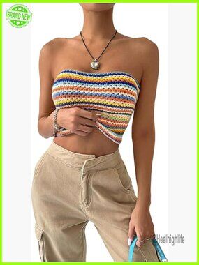 Strapless Crochet Tube Top Striped Bandeau Crop Top Boho Summer Going Out Top